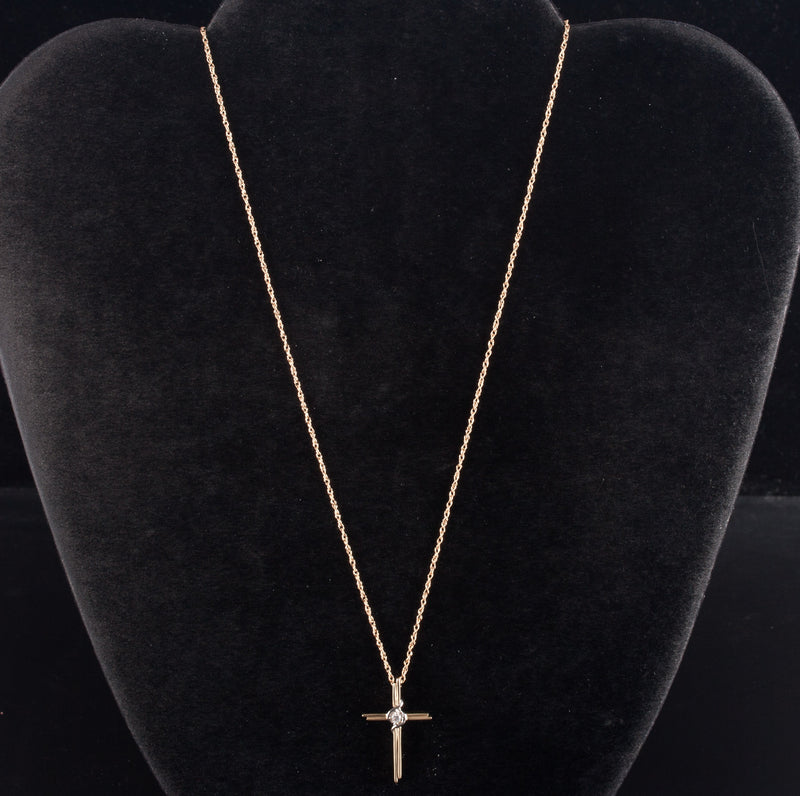 10k Yellow White Gold Round H SI2 Diamond Cross Necklace W/ 18" Chain .04ct 2.5g