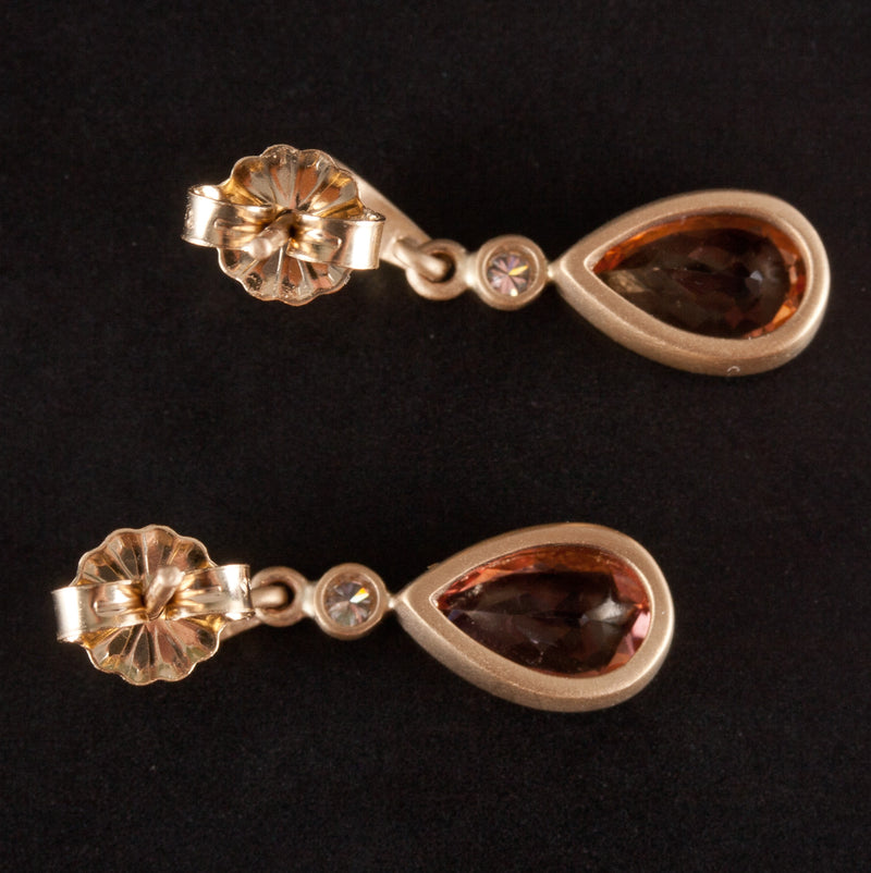 14k Yellow Gold Pear Peach Topaz Diamond Satin Finish Dangle Earrings 1.80ctw