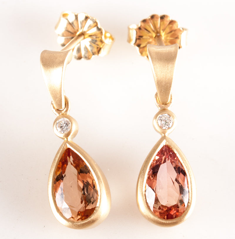 14k Yellow Gold Pear Peach Topaz Diamond Satin Finish Dangle Earrings 1.80ctw