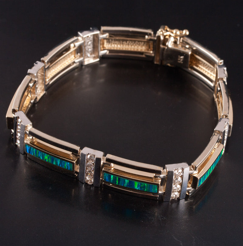 14k Yellow White Gold Inlay Lab-Created Opal Natural Diamond Bracelet 1.68ctw