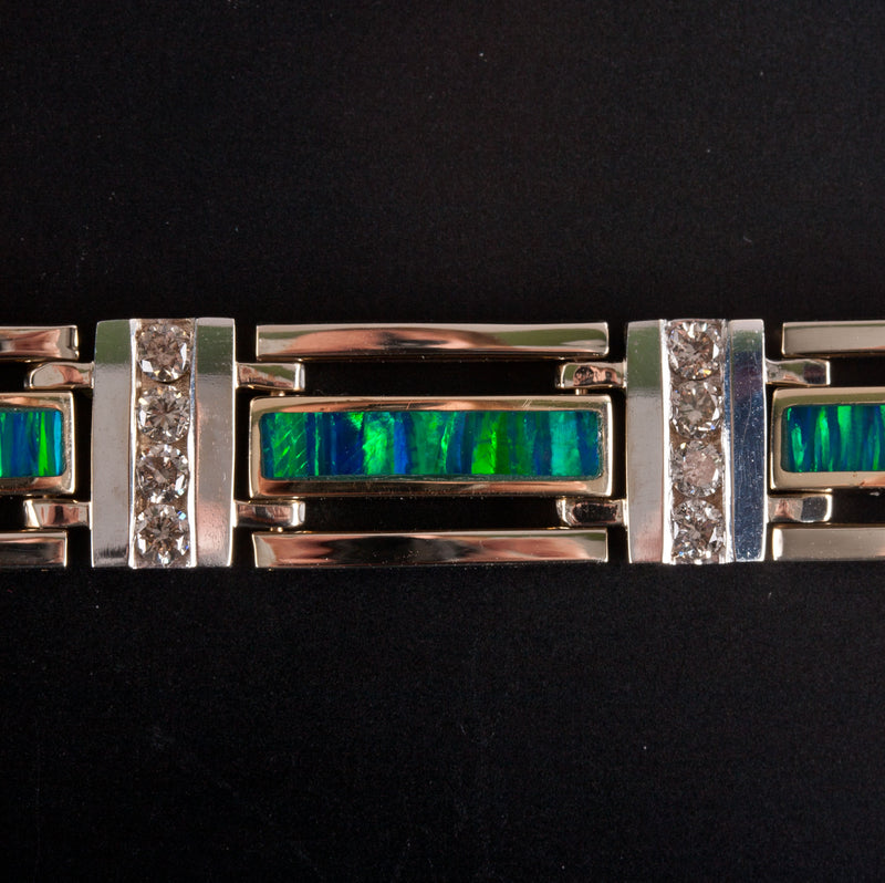 14k Yellow White Gold Inlay Lab-Created Opal Natural Diamond Bracelet 1.68ctw