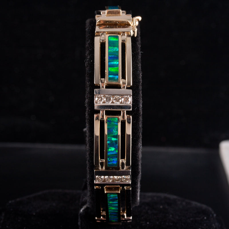 14k Yellow White Gold Inlay Lab-Created Opal Natural Diamond Bracelet 1.68ctw