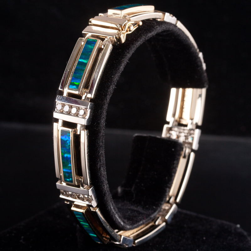 14k Yellow White Gold Inlay Lab-Created Opal Natural Diamond Bracelet 1.68ctw