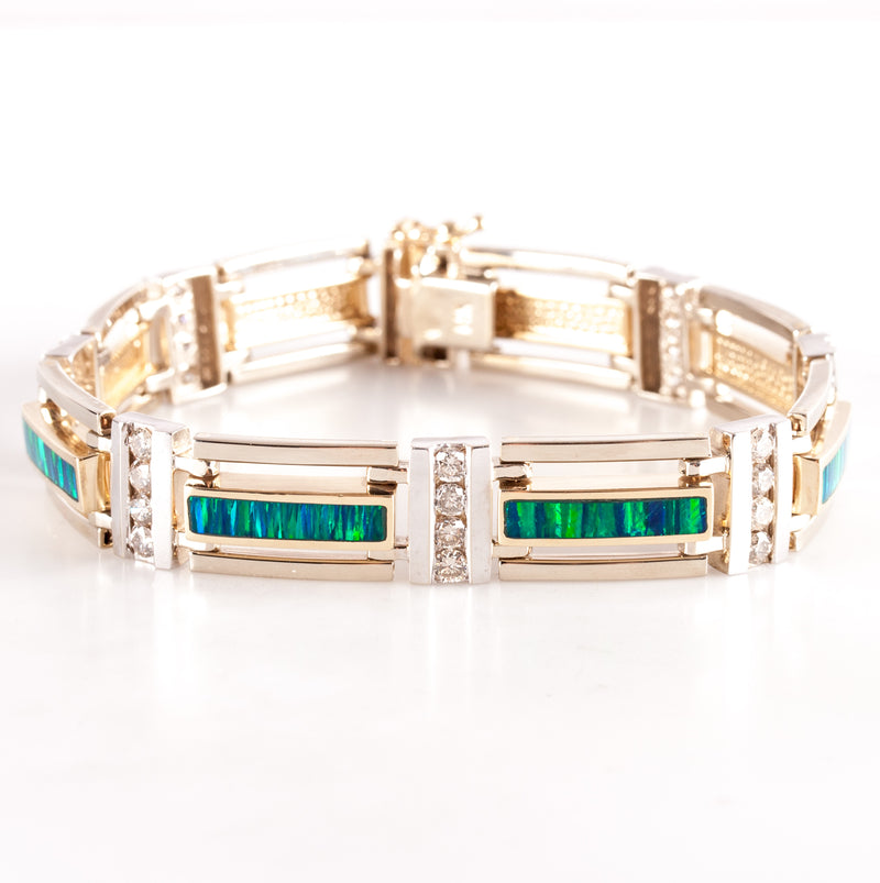 14k Yellow White Gold Inlay Lab-Created Opal Natural Diamond Bracelet 1.68ctw