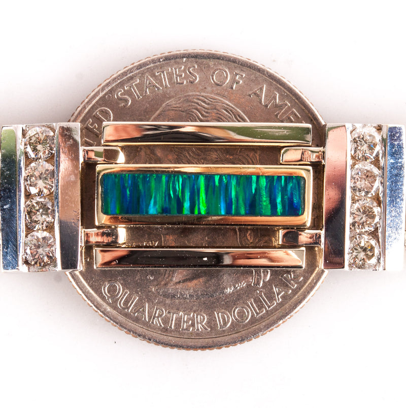 14k Yellow White Gold Inlay Lab-Created Opal Natural Diamond Bracelet 1.68ctw