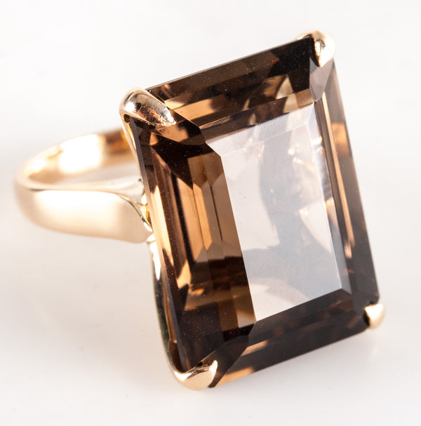 18k Yellow Gold Emerald Shaped Smoky Quartz Solitaire Cocktail Ring 16.51ct