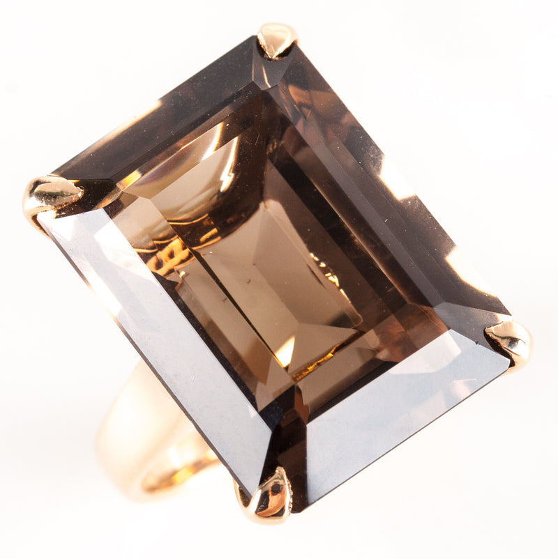 18k Yellow Gold Emerald Shaped Smoky Quartz Solitaire Cocktail Ring 16.51ct