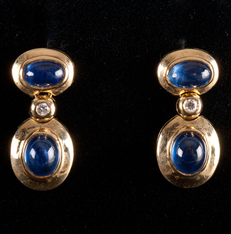 18k / 14k Yellow Gold Oval Cabochon Sapphire Diamond Dangle Earrings 1.27ctw