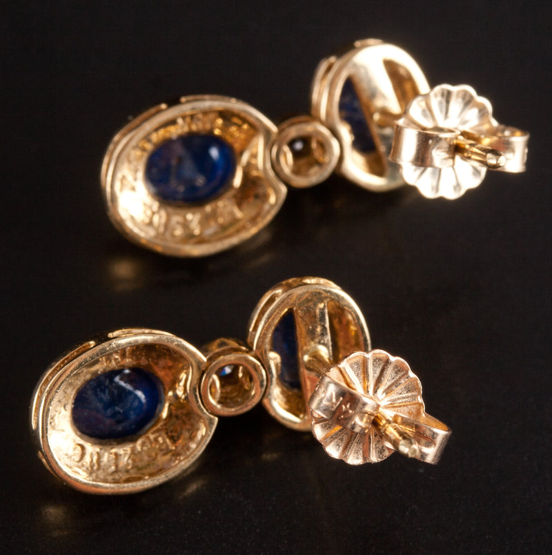 18k / 14k Yellow Gold Oval Cabochon Sapphire Diamond Dangle Earrings 1.27ctw