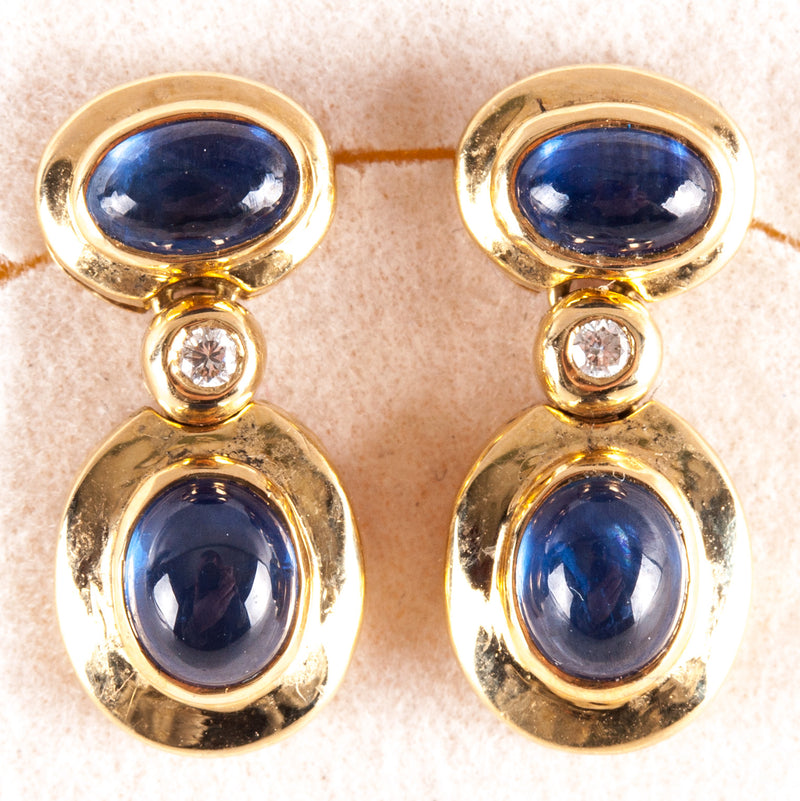 18k / 14k Yellow Gold Oval Cabochon Sapphire Diamond Dangle Earrings 1.27ctw