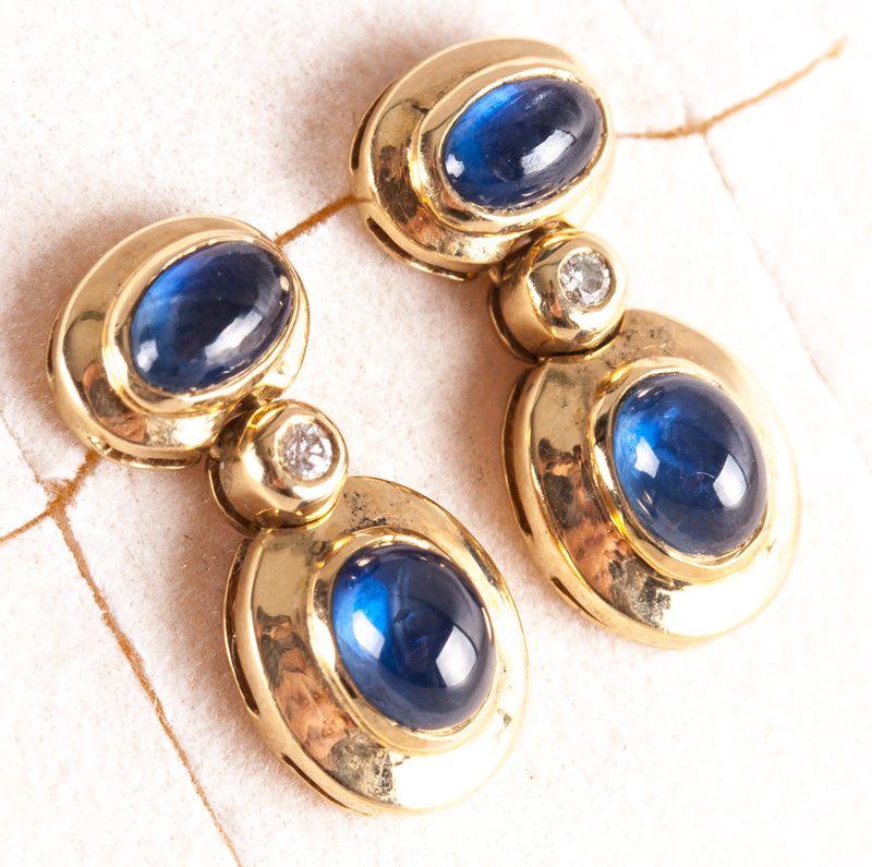 18k / 14k Yellow Gold Oval Cabochon Sapphire Diamond Dangle Earrings 1.27ctw