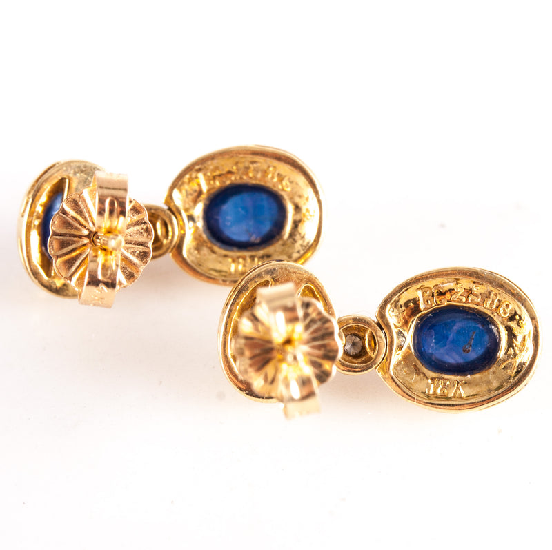 18k / 14k Yellow Gold Oval Cabochon Sapphire Diamond Dangle Earrings 1.27ctw