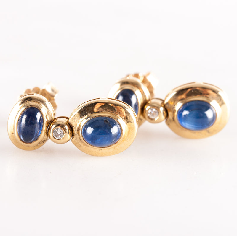 18k / 14k Yellow Gold Oval Cabochon Sapphire Diamond Dangle Earrings 1.27ctw