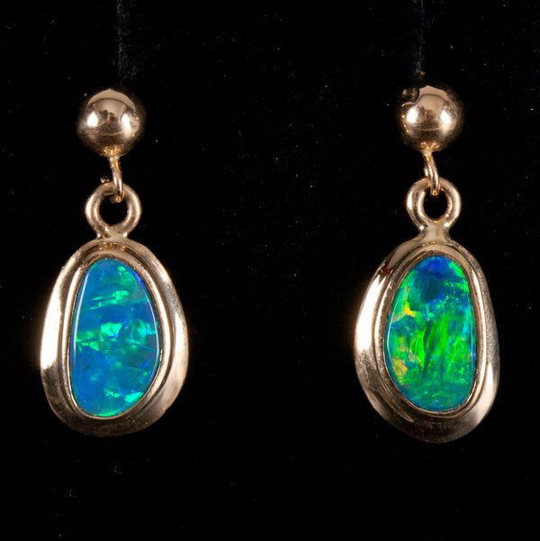 14k Yellow Gold Cabochon AA Opal Solitaire Dangle Earrings .60ctw 1.75g