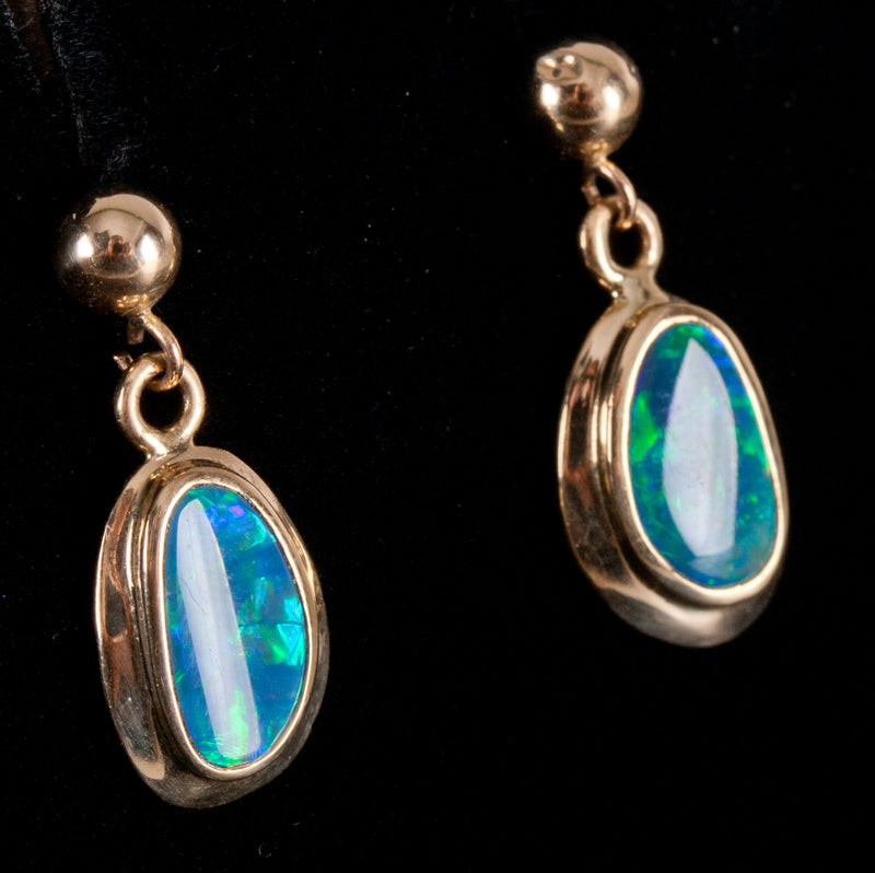 14k Yellow Gold Cabochon AA Opal Solitaire Dangle Earrings .60ctw 1.75g