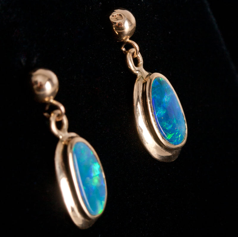 14k Yellow Gold Cabochon AA Opal Solitaire Dangle Earrings .60ctw 1.75g