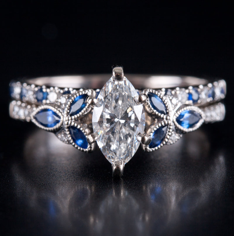 14k White Gold Marquise Diamond Sapphire Engagement Wedding Ring Set 1.24ctw