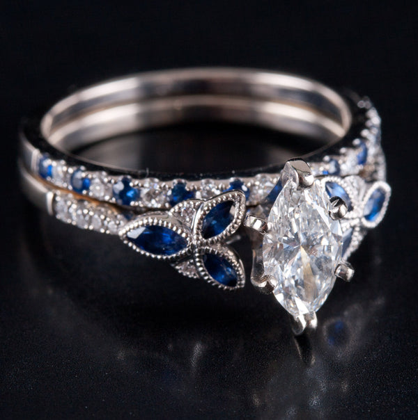 14k White Gold Marquise Diamond Sapphire Engagement Wedding Ring Set 1.24ctw