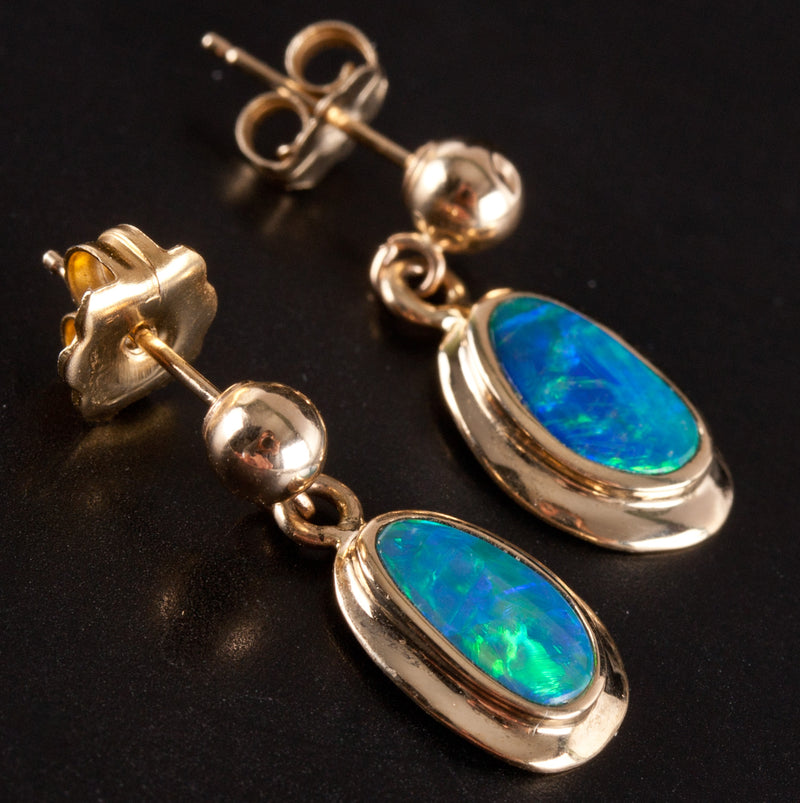 14k Yellow Gold Cabochon AA Opal Solitaire Dangle Earrings .60ctw 1.75g