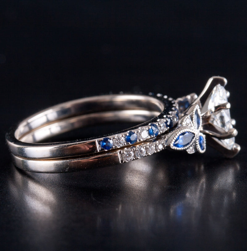 14k White Gold Marquise Diamond Sapphire Engagement Wedding Ring Set 1.24ctw
