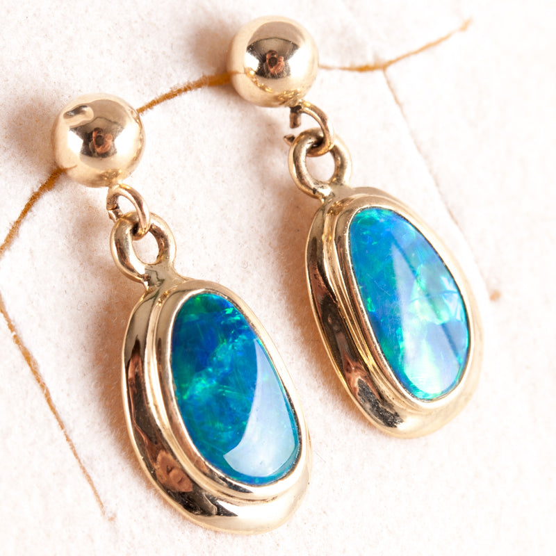 14k Yellow Gold Cabochon AA Opal Solitaire Dangle Earrings .60ctw 1.75g