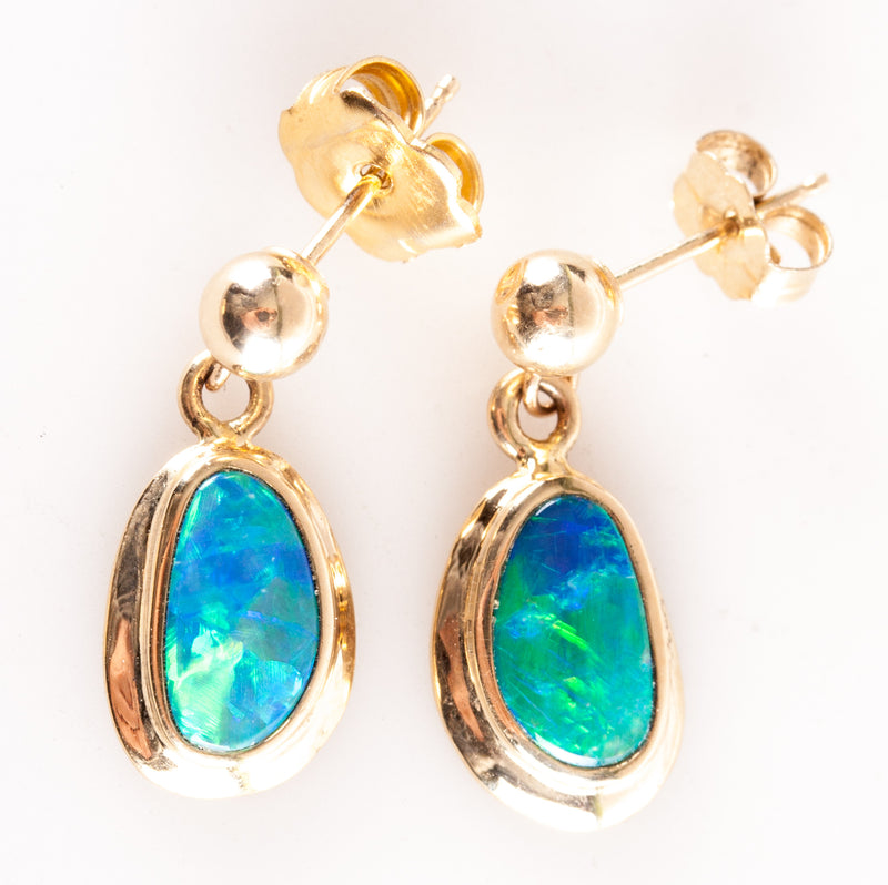 14k Yellow Gold Cabochon AA Opal Solitaire Dangle Earrings .60ctw 1.75g