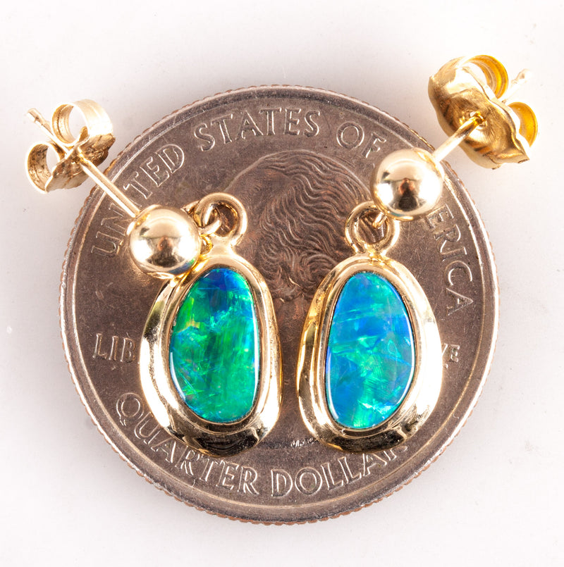 14k Yellow Gold Cabochon AA Opal Solitaire Dangle Earrings .60ctw 1.75g