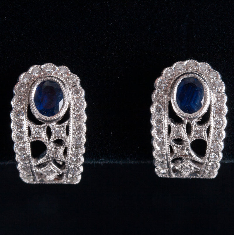 18k White Gold Oval Sapphire Diamond Huggie Earrings W/ Omega Backs .83ctw 5.05g