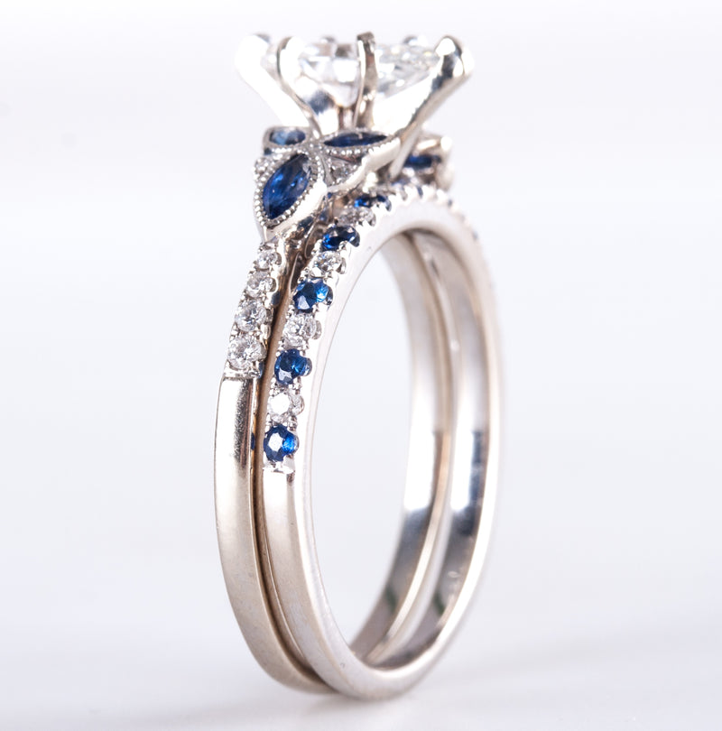 14k White Gold Marquise Diamond Sapphire Engagement Wedding Ring Set 1.24ctw