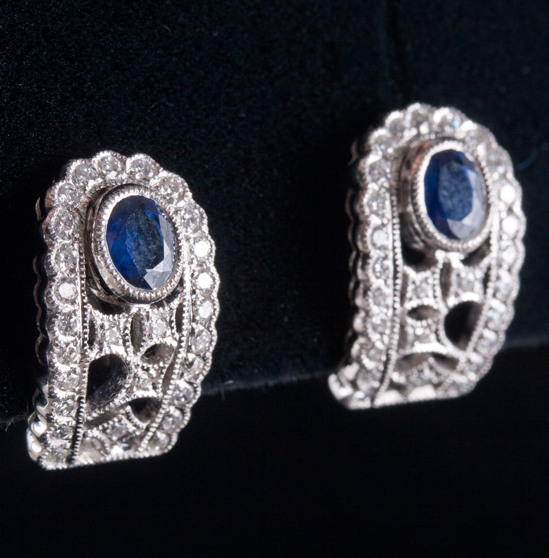 18k White Gold Oval Sapphire Diamond Huggie Earrings W/ Omega Backs .83ctw 5.05g