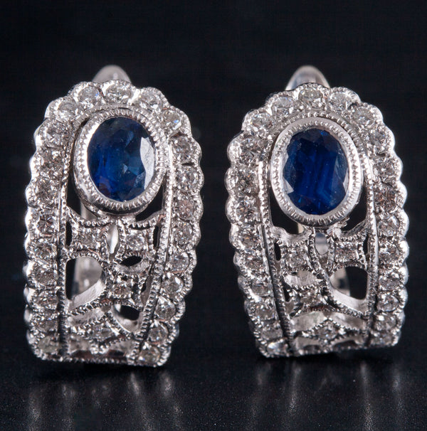 18k White Gold Oval Sapphire Diamond Huggie Earrings W/ Omega Backs .83ctw 5.05g