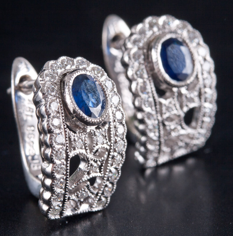 18k White Gold Oval Sapphire Diamond Huggie Earrings W/ Omega Backs .83ctw 5.05g