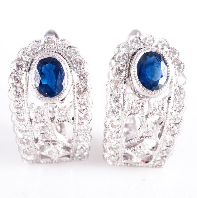 18k White Gold Oval Sapphire Diamond Huggie Earrings W/ Omega Backs .83ctw 5.05g