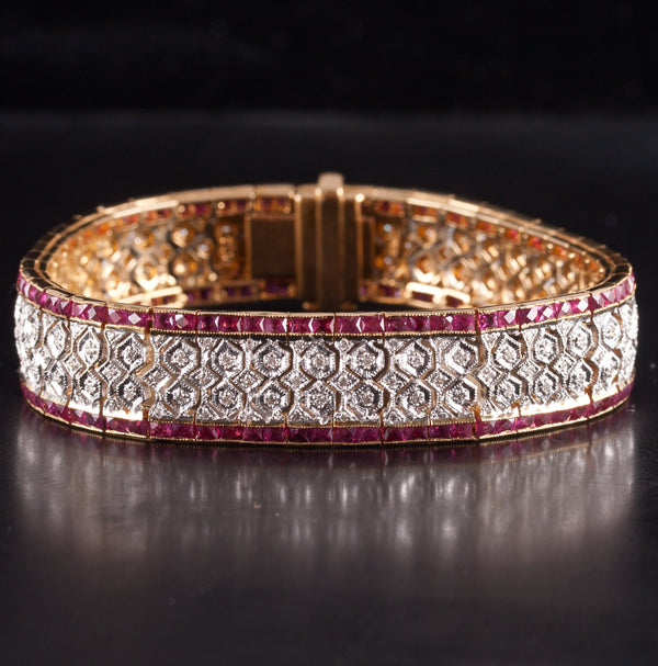 18k Yellow Gold Princess Ruby Round Diamond Wide Style Bracelet 6.30ctw 41.95g