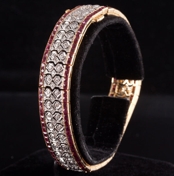 18k Yellow Gold Princess Ruby Round Diamond Wide Style Bracelet 6.30ctw 41.95g