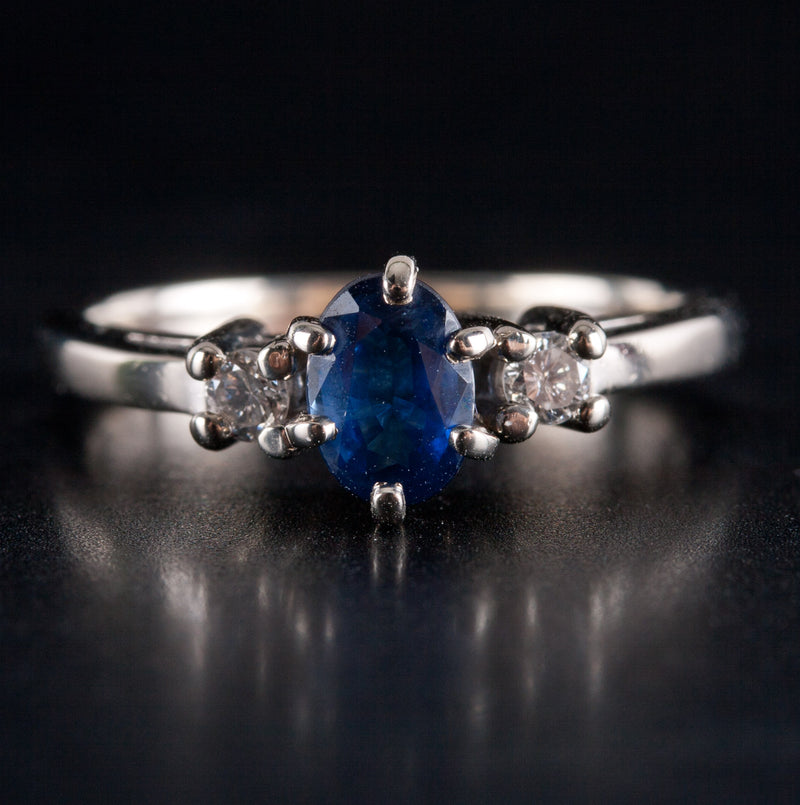 14k White Gold Oval Sapphire Round Diamond Three-Stone Style Ring .78ctw 2.6g