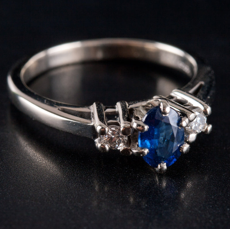 14k White Gold Oval Sapphire Round Diamond Three-Stone Style Ring .78ctw 2.6g
