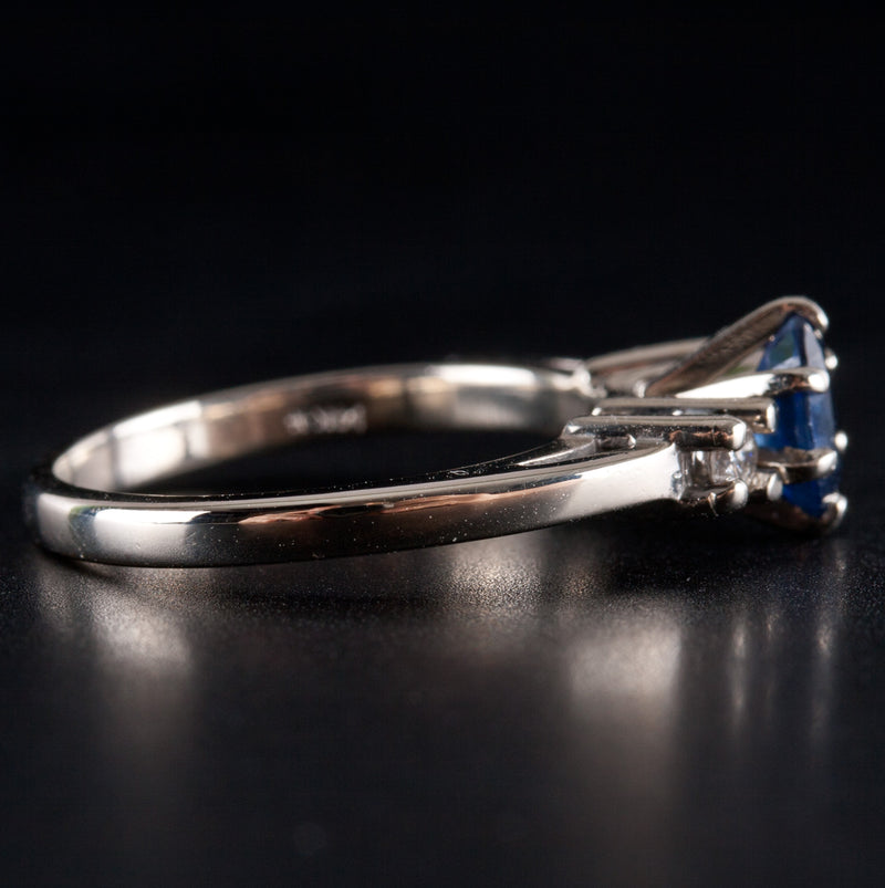 14k White Gold Oval Sapphire Round Diamond Three-Stone Style Ring .78ctw 2.6g