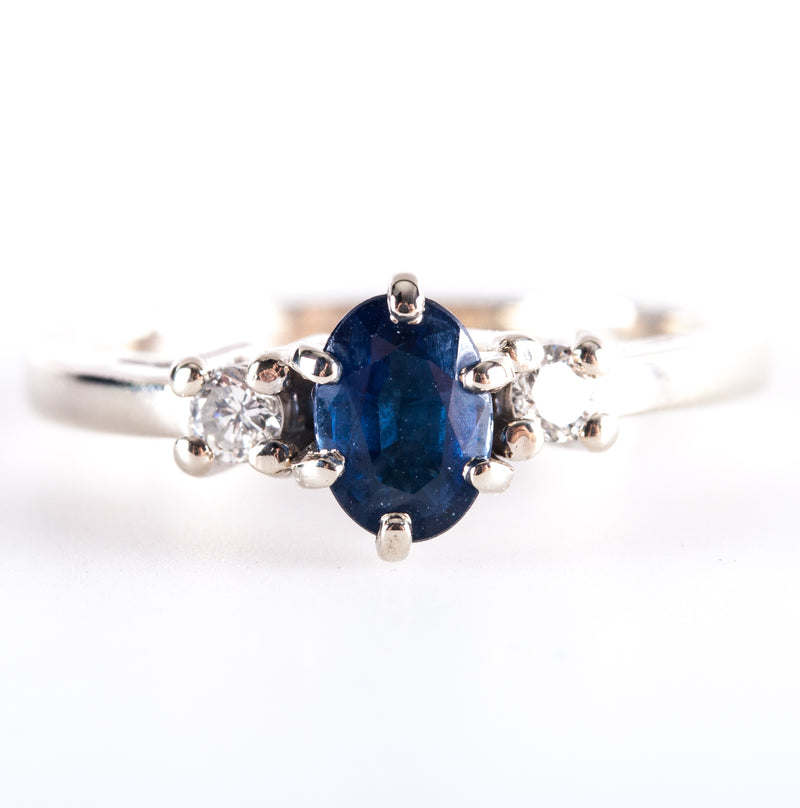 14k White Gold Oval Sapphire Round Diamond Three-Stone Style Ring .78ctw 2.6g
