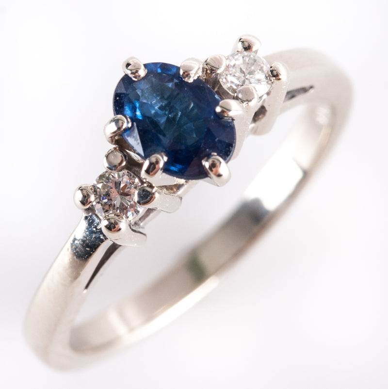 14k White Gold Oval Sapphire Round Diamond Three-Stone Style Ring .78ctw 2.6g