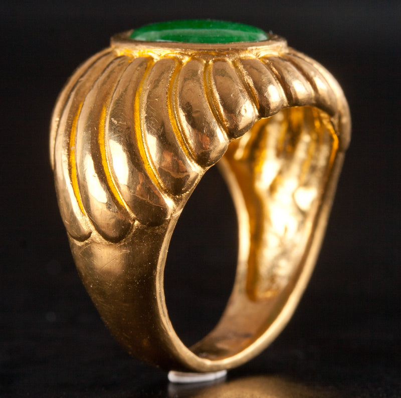 Vintage 1960's .999 Yellow Gold Oval Cabochon Jade Solitaire Cocktail Ring 10.9g