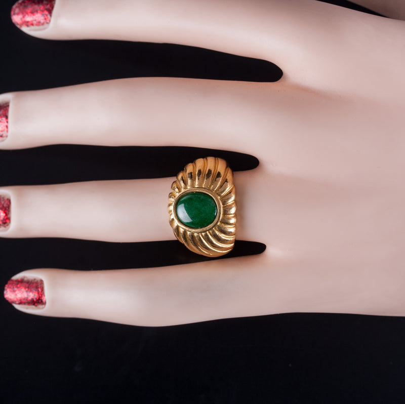 Vintage 1960's .999 Yellow Gold Oval Cabochon Jade Solitaire Cocktail Ring 10.9g