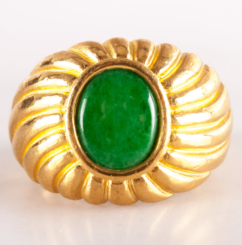 Vintage 1960's .999 Yellow Gold Oval Cabochon Jade Solitaire Cocktail Ring 10.9g