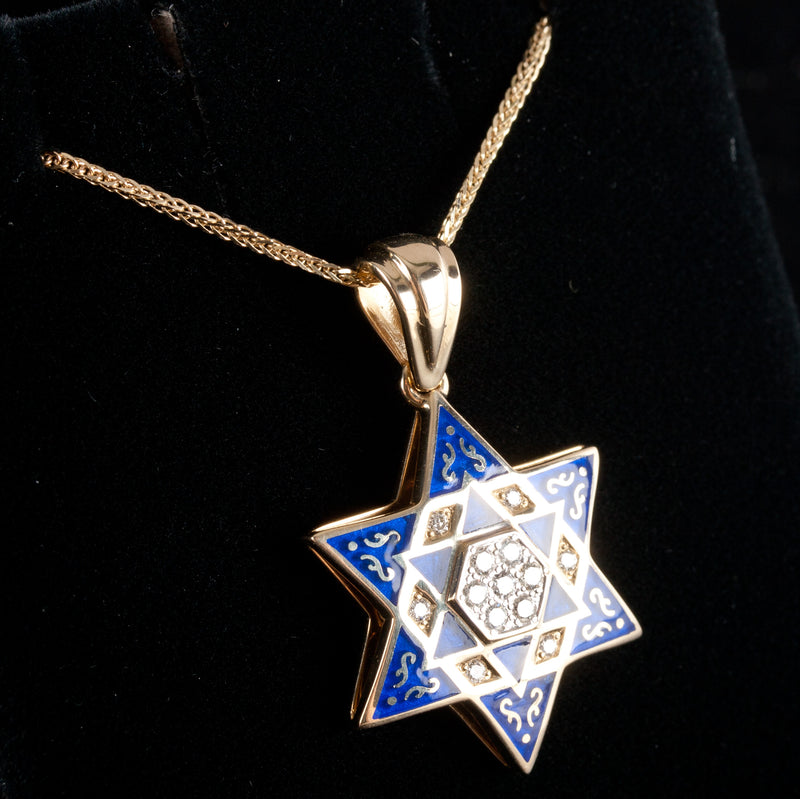14k Yellow Gold Round Diamond Star of David Pendant W/ 23.5" Chain .10ctw 7.75g