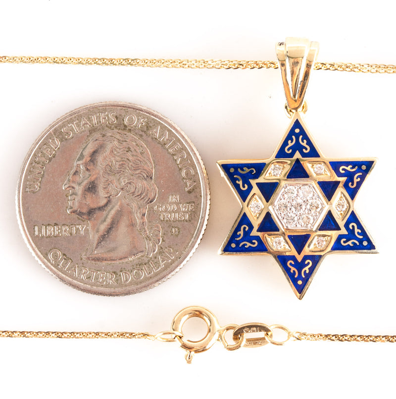 14k Yellow Gold Round Diamond Star of David Pendant W/ 23.5" Chain .10ctw 7.75g