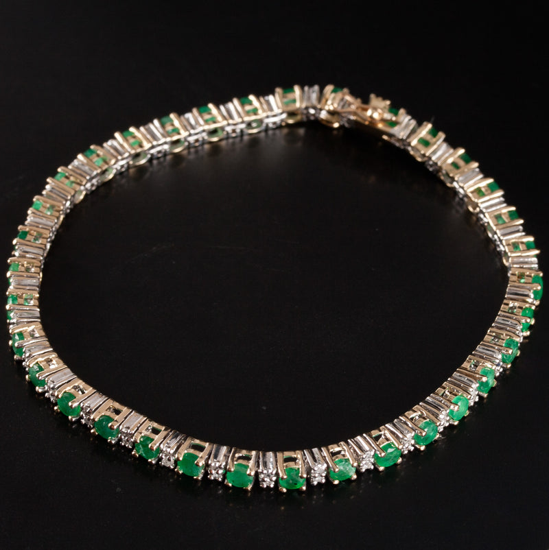 14k Yellow White Gold Round Emerald Diamond Tennis Bracelet 3.23ctw 11.3g