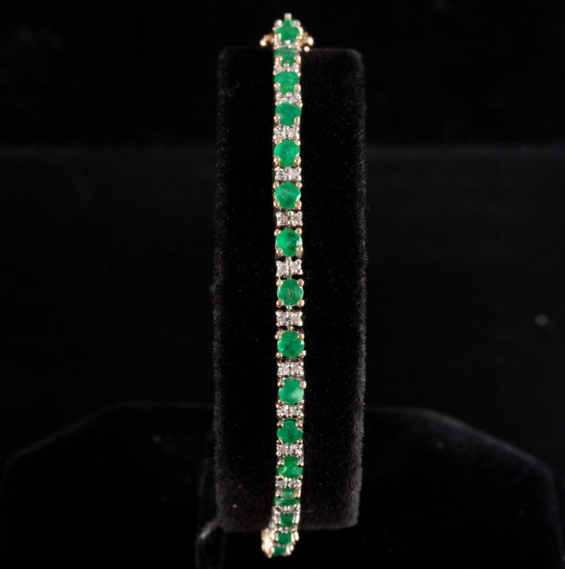 14k Yellow White Gold Round Emerald Diamond Tennis Bracelet 3.23ctw 11.3g