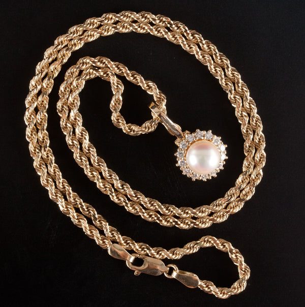 14k Yellow Gold Cultured Round Pearl Diamond Pendant W/ 20" Chain .45ctw 17.75g