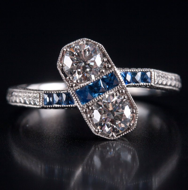 Platinum Two-Stone Diamond Engagement Ring W/ Sapphire Accents .87ctw 4.92g