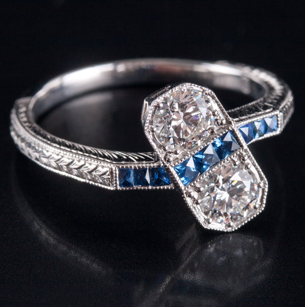 Platinum Two-Stone Diamond Engagement Ring W/ Sapphire Accents .87ctw 4.92g